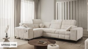 DAFNE II corner sofa in elegant grey fabric, adjustable headrests.