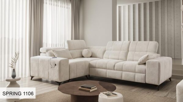 DAFNE II corner sofa in elegant grey fabric, adjustable headrests.