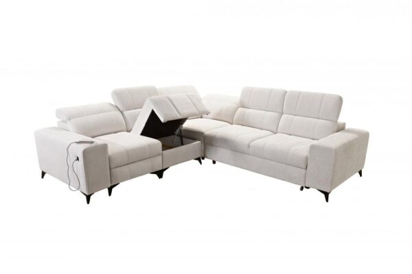 Detail of DAFNE III sofa's electric footrest controls and integrated USB port