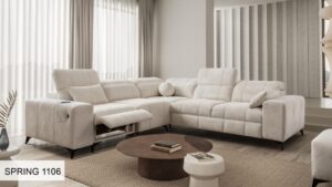 Modern DAFNE III corner sofa in elegant grey fabric, left-hand facing