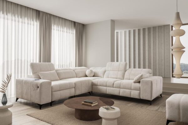 DAFNE III corner sofa with electric reclining footrest extended, close-up