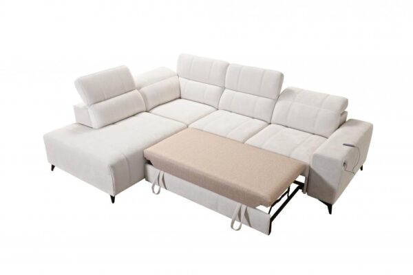 DAFNE VII corner sofa showing integrated USB port and sturdy construction.