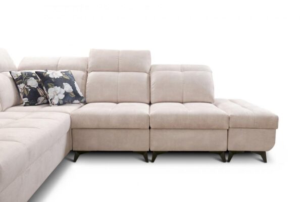 Front view of the GOLDEN IX corner sofa with decorative throw pillows