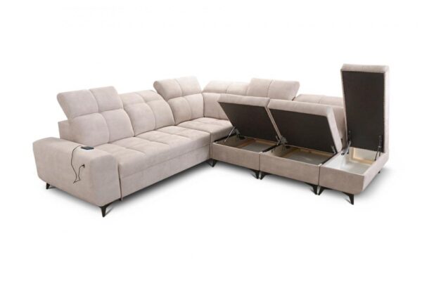 Detailed shot of the GOLDEN IX sofa's built-in USB charging port