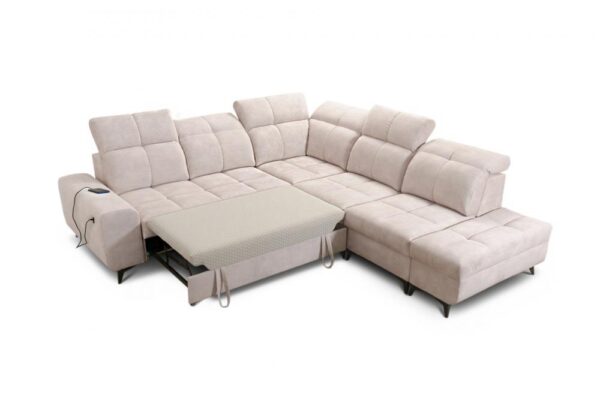 Angle view of GOLDEN IX corner sofa showcasing elegant metal feet