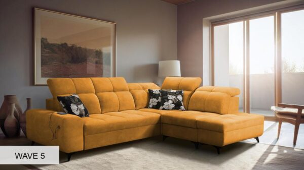 GOLDEN VII sofa with its storage compartments open, practical living