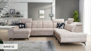 GOLDEN X Modern Corner Sofa, view from front with adjustable headrests.