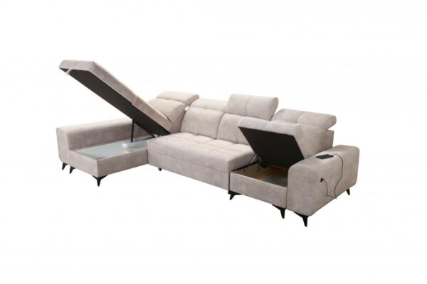 Close-up of GOLDEN XII corner sofa's adjustable headrest and sleek armrest.