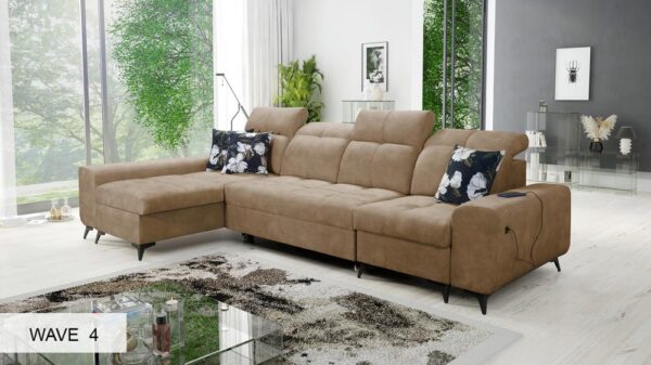 Detail of the USB charging port integrated into the GOLDEN XII corner sofa.