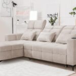 Inez corner sofa, elegant grey fabric, adjustable headrests.