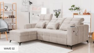 Inez corner sofa, elegant grey fabric, adjustable headrests.