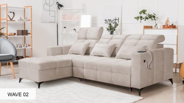 Inez corner sofa, elegant grey fabric, adjustable headrests.