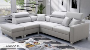 LORETTO III Corner Sofa in elegant grey fabric, full view.