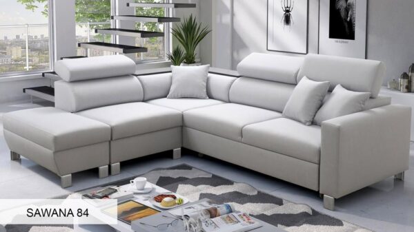 LORETTO III Corner Sofa in elegant grey fabric, full view.