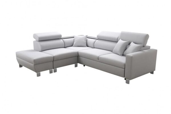 LORETTO III sofa showcasing adjustable headrests and corner shelf.
