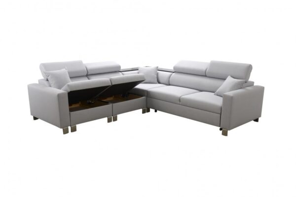 Loretto IV sofa from an angle, highlighting its integrated corner shelf and clean lines