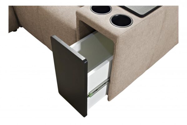 Frontal view of MINDY I sofa with its integrated storage features