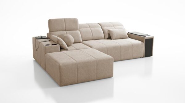 Modern MINDY I sectional sofa showing USB port and cup holders