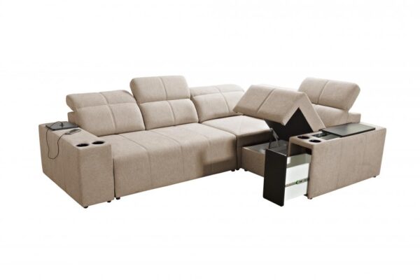 Mindy II sofa detail showing USB port and cup holder