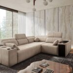 Mindy II corner sofa in modern grey fabric, living room view
