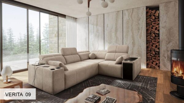 Mindy II corner sofa in modern grey fabric, living room view