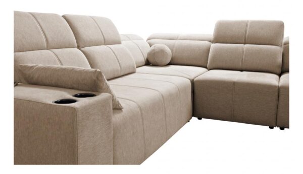 Detailed view of MINDY III sofa's fabric and stitching