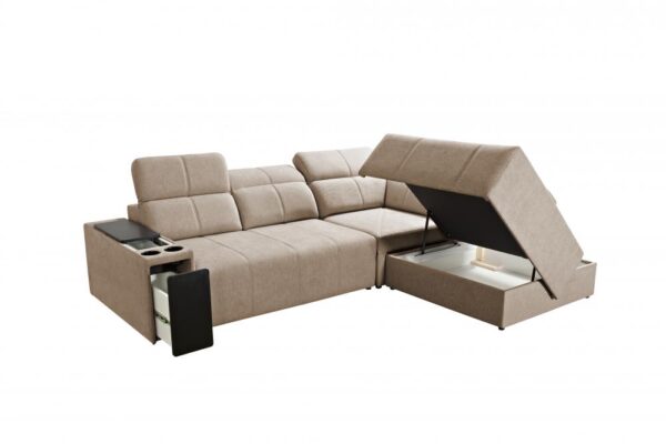Spacious Mindy VII corner sofa with integrated cup holders.