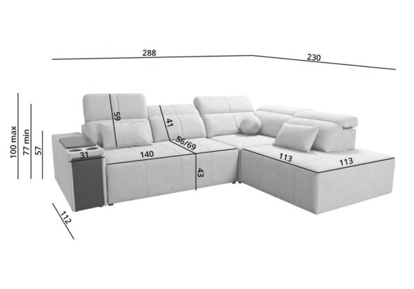 Mindy VII sofa with pull-out sleep function and bedding storage.