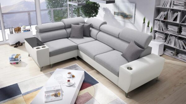 MODIVO II corner sofa, modern design with adjustable headrests.