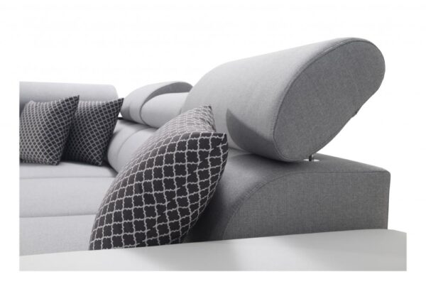 Detail of MODIVO II sofa's modern metal chrome feet.