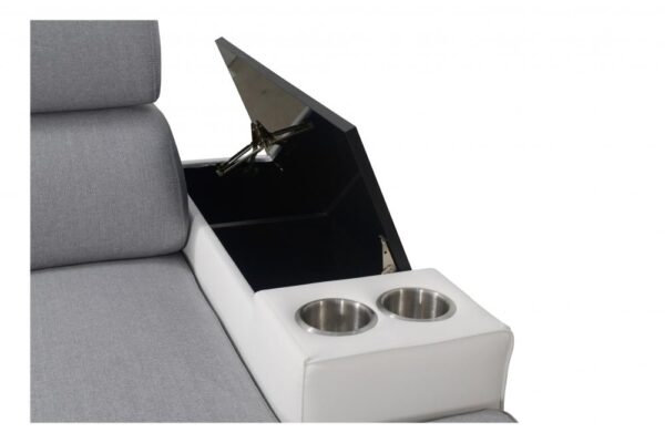 Integrated bar compartment of MODIVO II sofa with black cup holders.