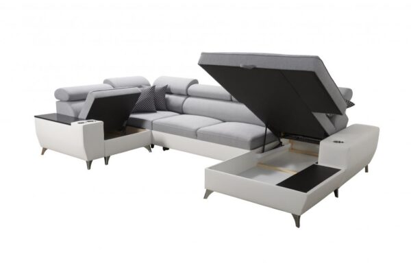 Detail of MODIVO sofa adjustable headrest and fabric texture.