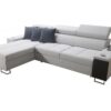 Detailed view of Morena I Mini sofa's integrated storage and bar.