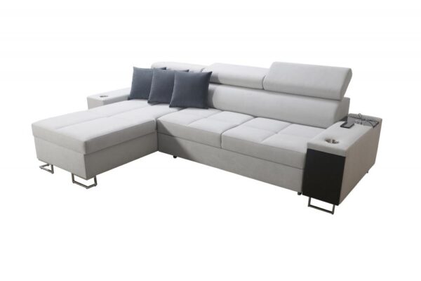 Detailed view of Morena I Mini sofa's integrated storage and bar.