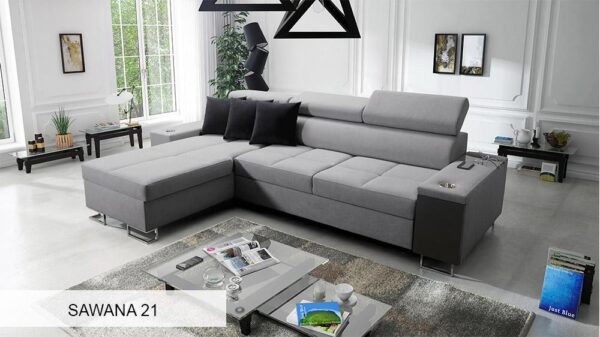 Open storage and integrated bar of the Morena I Mini corner sofa.