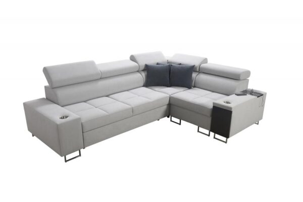 Side view of Morena II sofa, showcasing design and fabric texture.