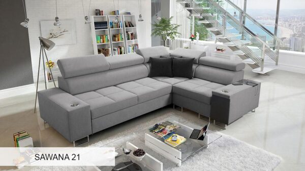 Morena II sofa in a bright setting, highlighting fabric and clean lines.