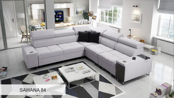 High-gloss and matte laminate shelf options for MORENA III sofa