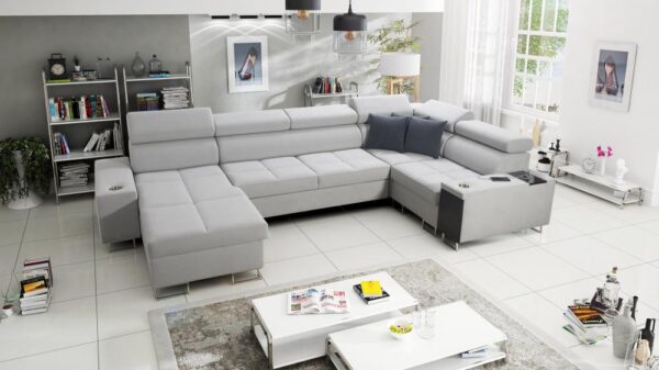 Modern MORENA IV MINI corner sofa, left-hand facing, with adjustable headrests.