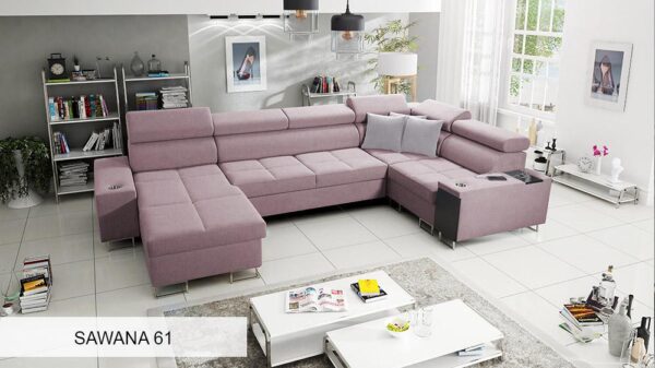 Integrated storage compartment revealed on the MORENA IV MINI sofa.