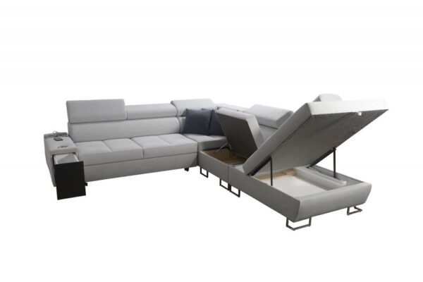 Detailed view of MORENA IX corner sofa's sleek metal chrome feet