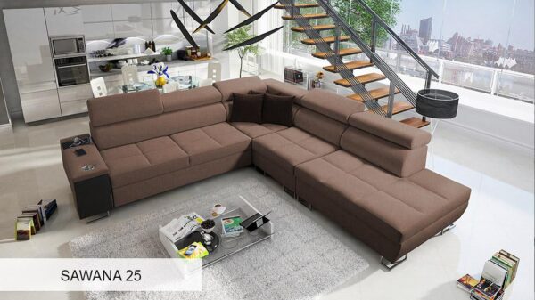 Detailed view of integrated shelf finishes on MORENA IX corner sofa