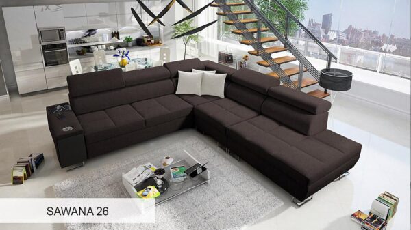 Section of MORENA IX highlighting upholstery fabric texture and stitching