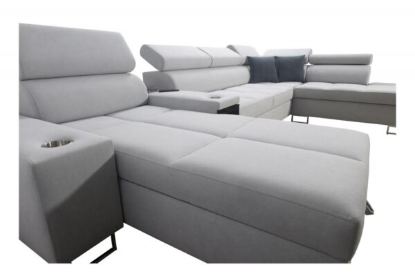 Morena V sofa, showing wooden shelf and elegant upholstered finish.