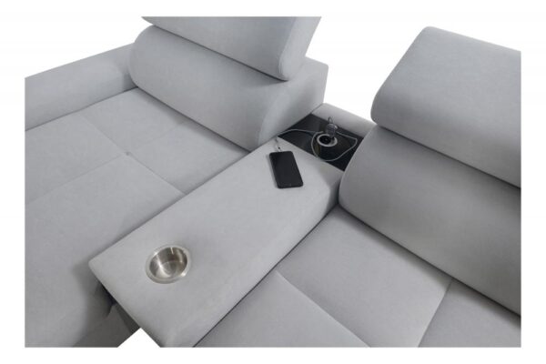 Morena V corner sofa, view of integrated storage compartment for bedding.