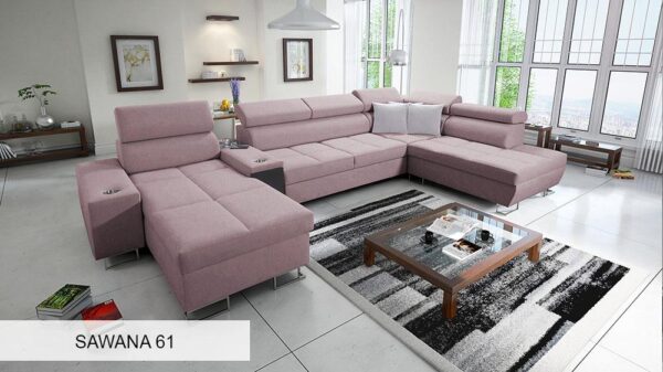 Morena V corner sofa, illustrating front feet options, metal chrome and black.