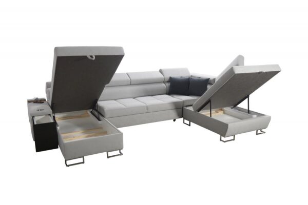 MORENA VI corner sofa with built-in USB port and side shelf.