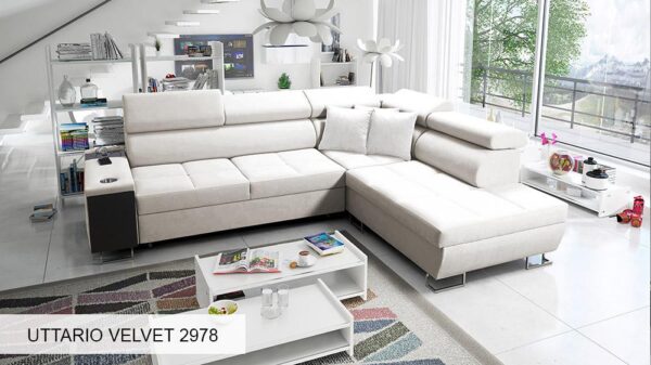 Morena VII sofa with oak lancelot laminate shelf