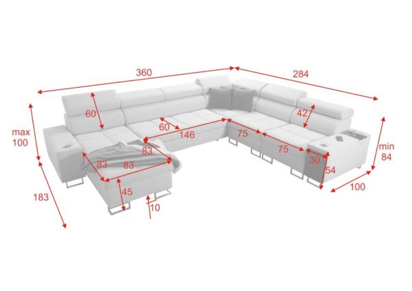 MORENA VIII sofa's integrated shelving and customizable finishes