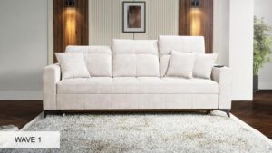 Inez sofa in grey fabric with adjustable headrests